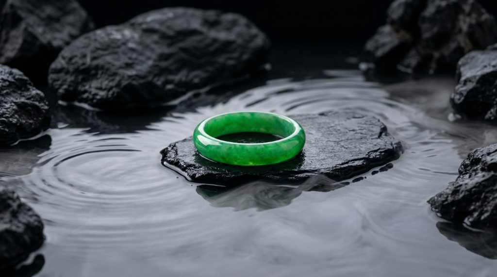 AplusJade - Exquisite Grade A Jadeite Bangle resting on natural stone