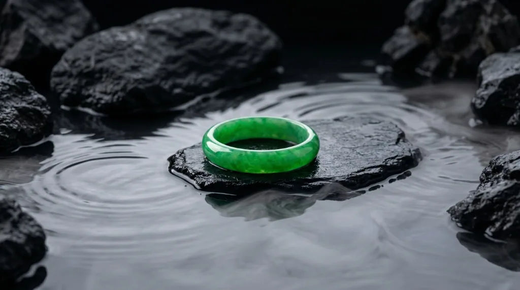 AplusJade - Exquisite Grade A Jadeite Bangle resting on natural stone