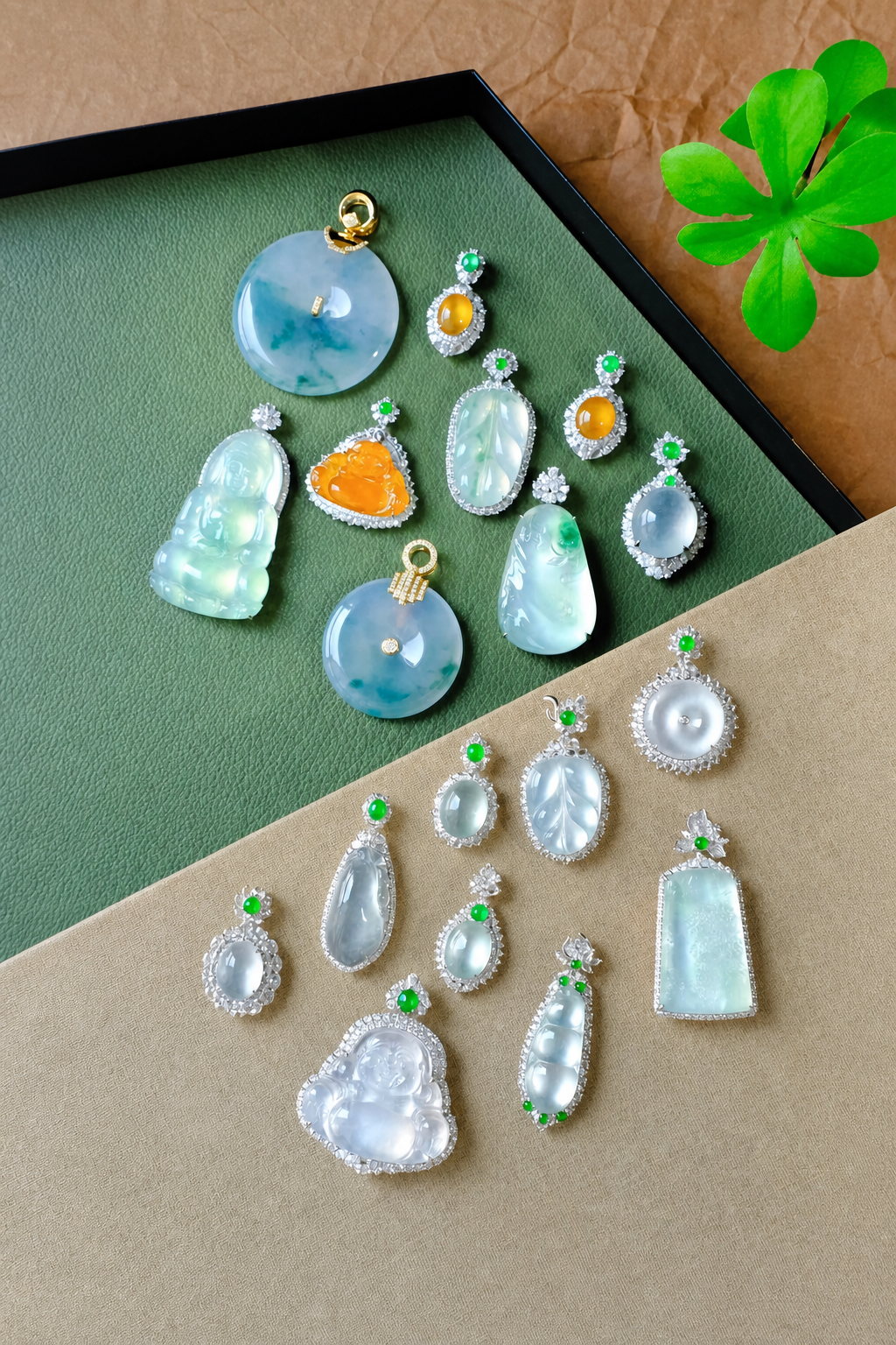 展示不同通透感的一组翡翠吊坠