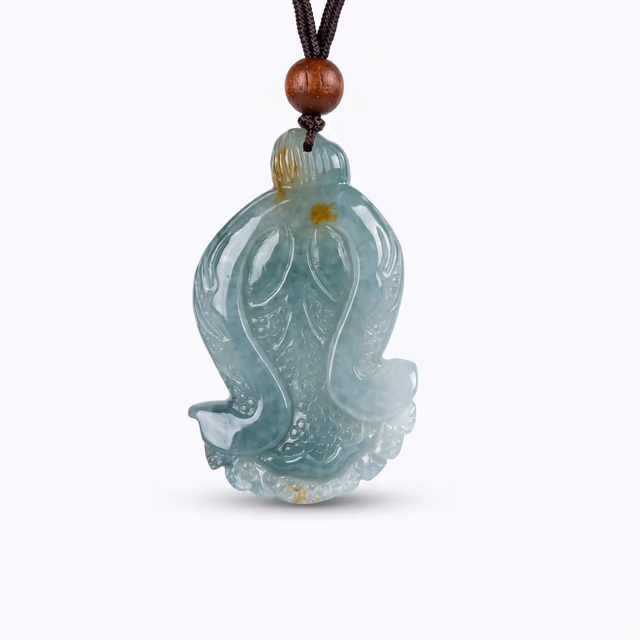糯冰种蓝飘花手工雕刻翡翠白菜吊坠