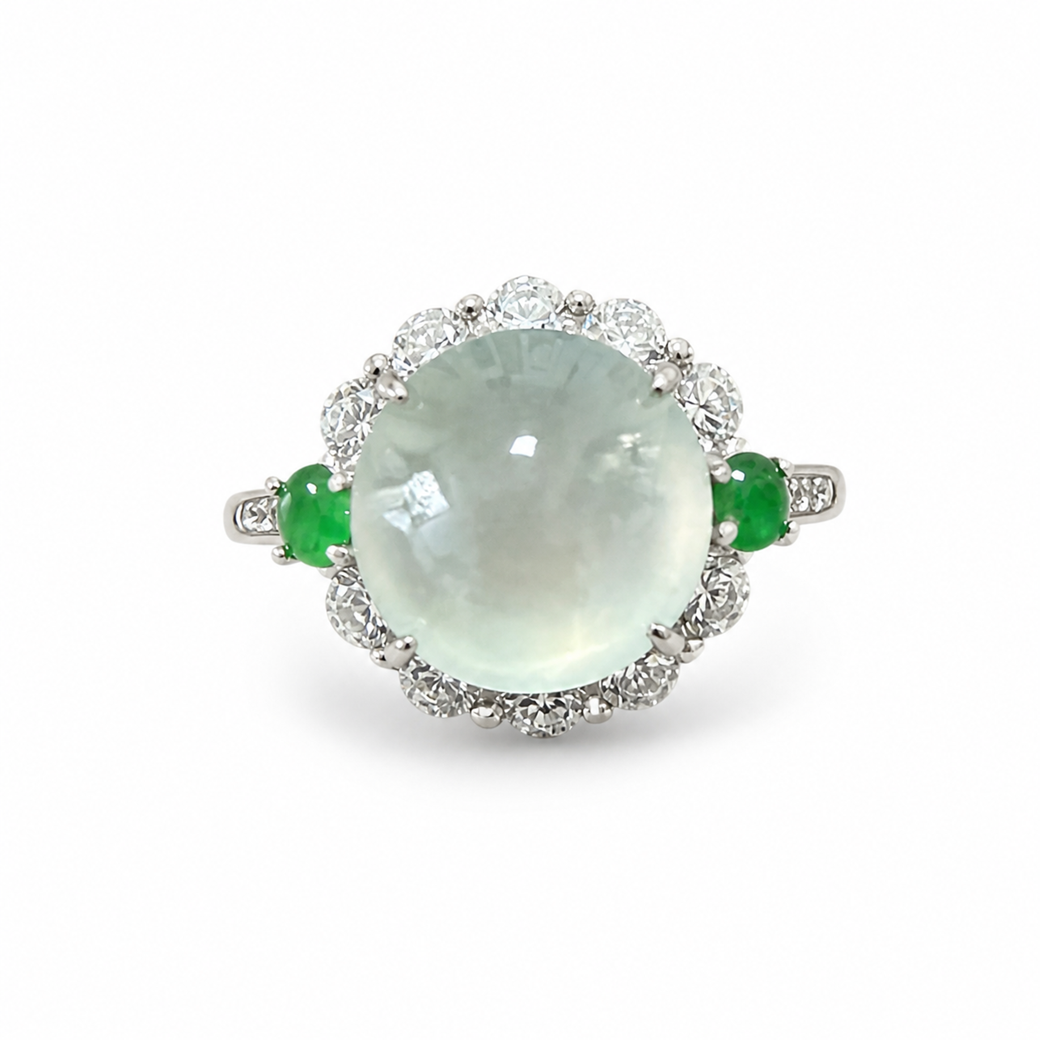 Icy White Jadeite Ring in S925 with Oval Cabochon Halo
