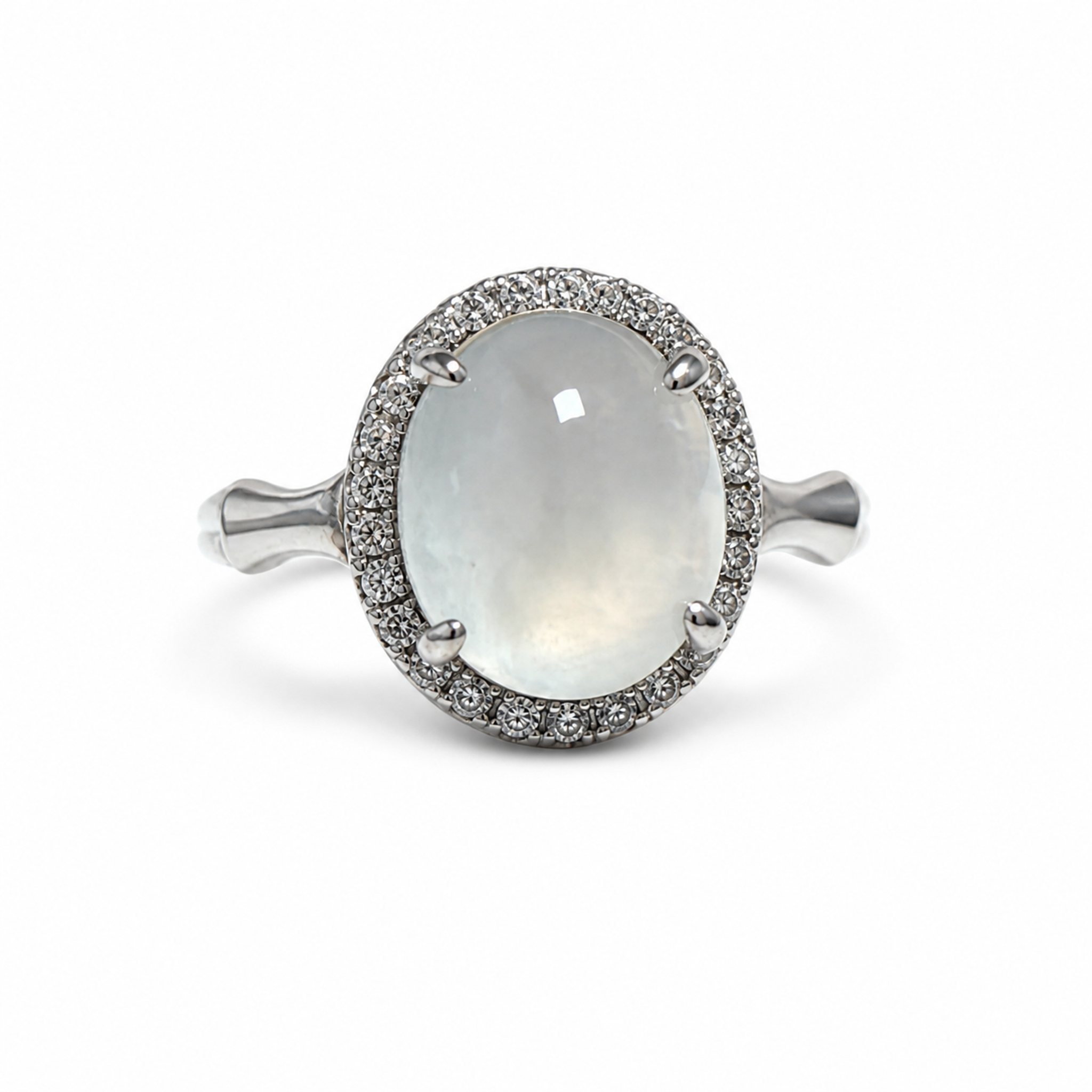 Icy White Jadeite Ring in S925 with Oval Cabochon Halo
