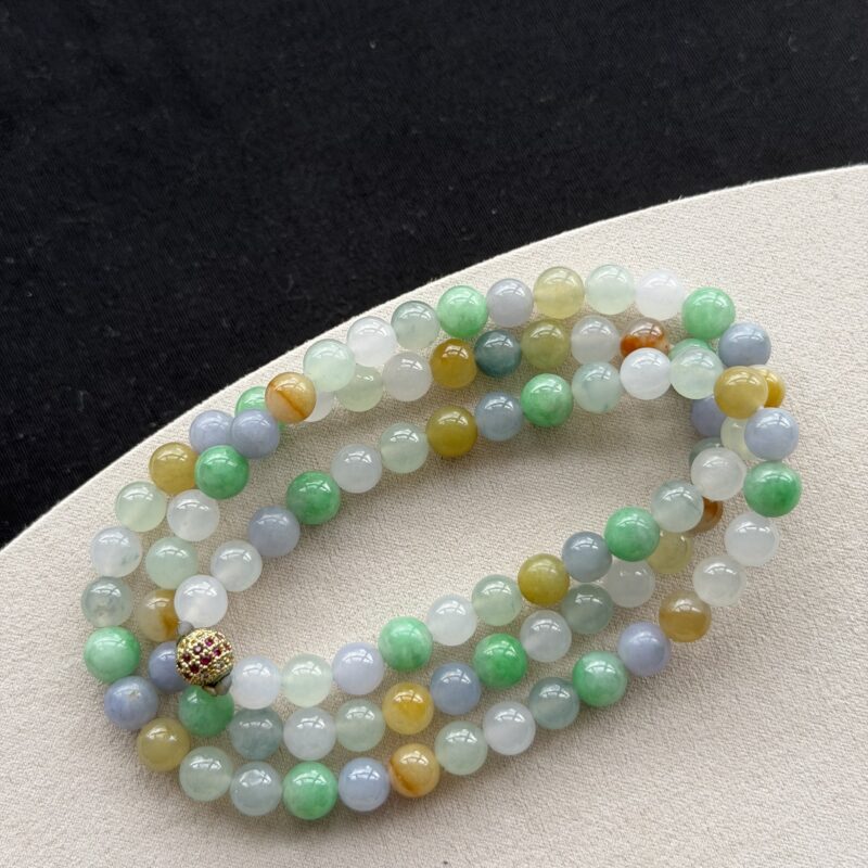 [7mm++] Icy Light Green Jadeite Beaded Necklace, V3-AWQ-4071 | Certified Grade A Jade
