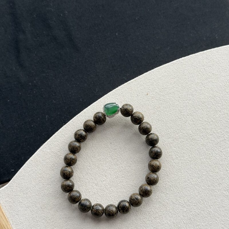 [Adjustable] Icy Wood-Bead Vibrant Green Cabochon Jadeite Bracelet (Beads), V3-BVI-4881 | Certified Grade A Jade