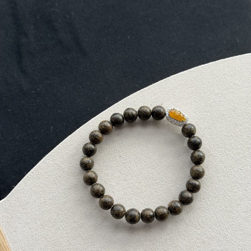 [Adjustable] Icy Wood-Bead Honey/Yellow Cabochon Jadeite Bracelet (Beads), V3-BHI-9210 | Certified Grade A Jade