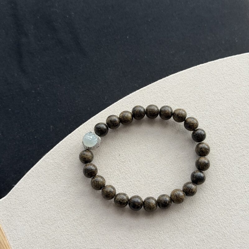 [Adjustable] Icy Wood-Bead Icy White/Blue Cabochon Jadeite Bracelet (Beads), V3-BII-6075 | Certified Grade A Jade